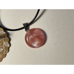 Close up of natural stone round Red Watermelon Quartz pendant on cord necklace - Althea Design Art